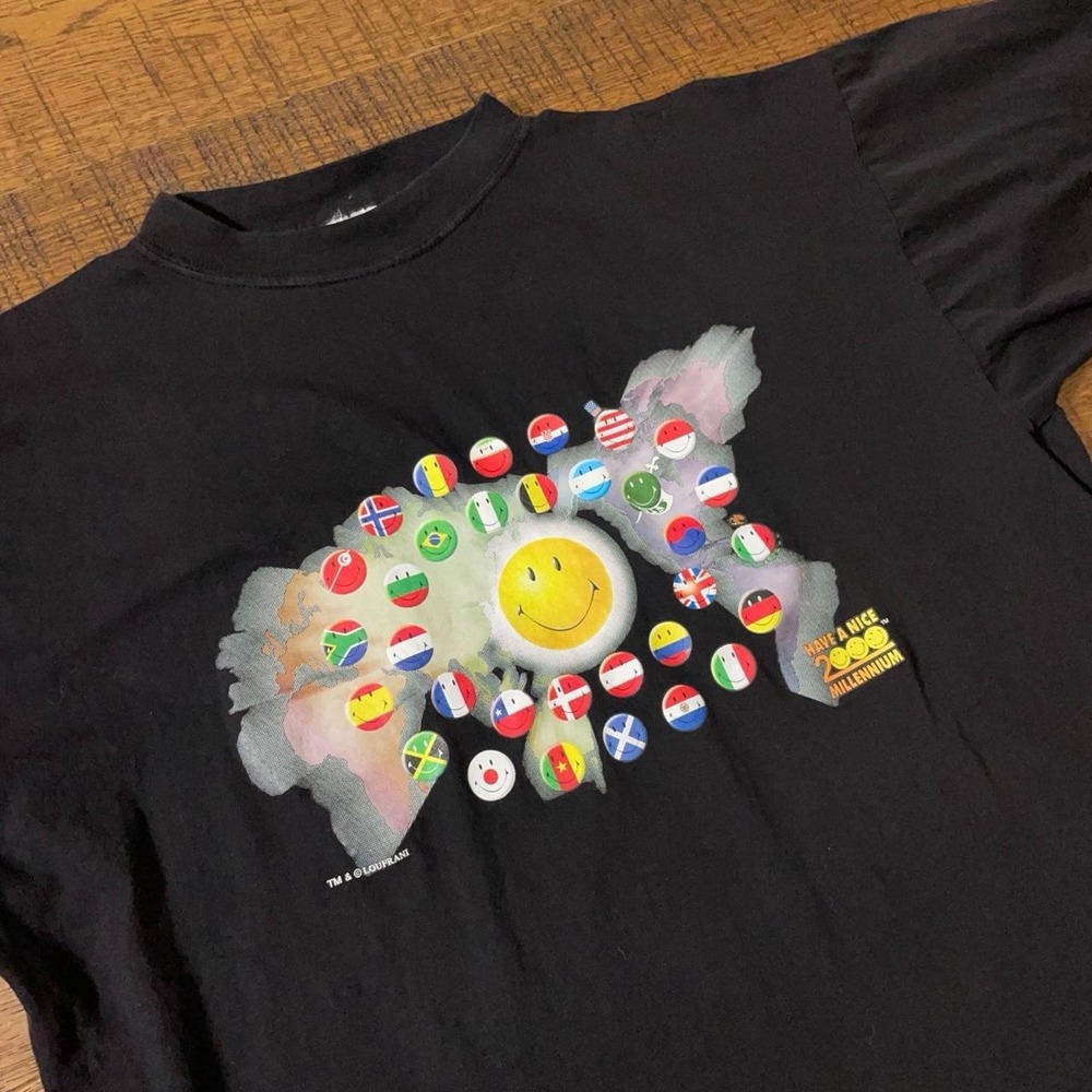 Smiley World Tour Tee Mens XL Black Y2K Vintage 2000 Millennium Streetwear